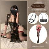 NY1SYT003952◆Hidden Fragrance◆ Black【High-slit long skirt + T-shirt】+Black long leather whip+Black corset belt+Black and red pantyhose