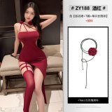 NY1SYT005578◆Scarlet Rose◆Wine Red【Dress + T-shirt + Single Stocking】+Red Necklace