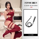 NY1SYT005579◆Scarlet Rose◆Wine Red【Dress + T-shirt + Single Stocking】+Black Leather Whip