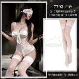 NY1SYT005986◆L◆White【Open-crotch bodysuit with exposed chest】+White eye mask+White stockings
