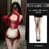 NY1WZT002819◆Charming Maid◆Burgundy + White [Matchmaker Bodysuit + Apron + Gloves*2] + White Stockings
