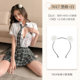 NY1XST002729 Black checkered + white [tie + shirt + pleated skirt + thong] + white headband