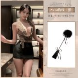 NY1ZFT004901◆Wild Enchantment◆Leopard Print + Black [Top + Skirt + T-shirt] + Black Feather Handheld Shot