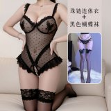 bodysuit + black bow and black stockings