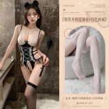 (One-piece open-crotch bodysuit + white fishnet stockings)