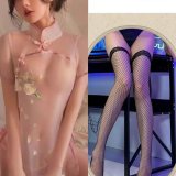 Pink suit + black fishnet stockings