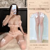 Pink (Pearl-embellished bust three-piece set + bow-tie stockings)