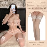 Pink (Pearl-embellished bust three-piece set + lace stockings)