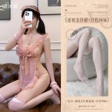 Pink (see-through maid outfit + white fishnet stockings)