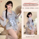 Blue printed kimono with black open-crotch socks