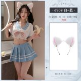 ◆Pure Love School Beauty◆ White + Blue [Bow Tie + Short Top + Short Skirt + T-shirt] + White Cat Ear Headband