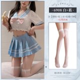 ◆Pure Love School Beauty◆ White + Blue [Bow Tie + Short Top + Short Skirt + Thong] + White Stockings