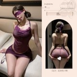 Purple [bellyband + bodycon skirt + eye mask] + black open-crotch stockings