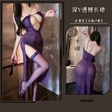 Purple [lace-patterned dress revealing the bust + thong]