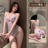 Purple open-crotch bodysuit + purple stockings