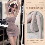Purple (ruched pencil skirt + thong + white fishnet stockings)
