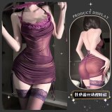 Purple (lace halter top + ruched mini skirt + eye mask + thong)