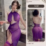 Purple nightgown + thong + fishnet stockings