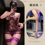 Purple and white fishnet stockings