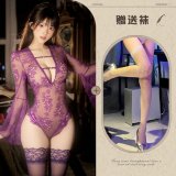 Purple and white fishnet stockings