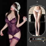 Purple and white fishnet stockings
