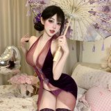 Purple [cheongsam + T-shirt + black fishnet stockings]