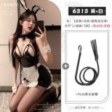 Bunny-eared maid (with stockings) + Tassel long leather whip (black)