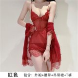 Red suit + black lace-trimmed stockings