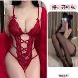 Red bodysuit + black open-crotch stockings