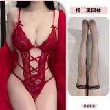 Red bodysuit + black fishnet stockings