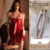 [Breast Support] Red Butterfly Nightgown + Panties + Black Fishnet Stockings