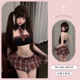 Red plaid skirt suit + black open-crotch stockings