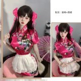Red Chinese Style Two-Piece Set (Cheongsam Dress + Apron Included)
