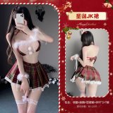 Red [choker + tube top + pleated skirt + 2 bracelets + thong] + 7005 white fishnet stockings
