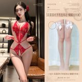 Red (floral lace open-crotch bodysuit + bow-tie stockings)