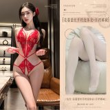 Red (floral lace open-crotch bodysuit + open-crotch tights)