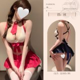 Red JK uniform [top + pleated skirt + tie] + white open-crotch socks