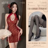 Burgundy (lace cheongsam dress + thong + black open-crotch tights)