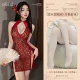 Burgundy (lace cheongsam dress + thong + open-crotch tights)