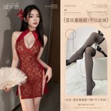 Burgundy (lace cheongsam dress + thong pants + black flat stockings)