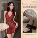 Burgundy (lace cheongsam dress + T-shirt + black lace stockings)