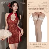 Burgundy (lace cheongsam dress + T-shirt + lace stockings)