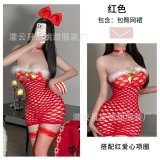 Red mesh skirt + size 63 red choker + size 3 red fishnet stockings