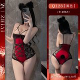 Red bodysuit + black lace fishnet stockings