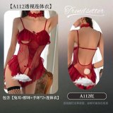 Red [bunny ears + neck ring + 2 bracelets + bodysuit] + black bow-tie stockings