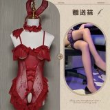 Red bunny girl outfit + red lace stockings