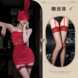 Red + red mask + black stockings with red trim