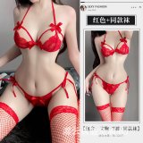 Burgundy suit + model's red fishnet stockings