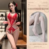 Red (floral lace open-crotch bodysuit + lace fishnet stockings)