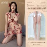 Burgundy (see-through cheongsam dress + thong pants + bow-tie stockings)
